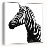 Framed canvas wall art depicting a striking zebra design in black and white, showcasing intricate textures and details, perfect for adding a touch of wildlife elegance to any home decor.