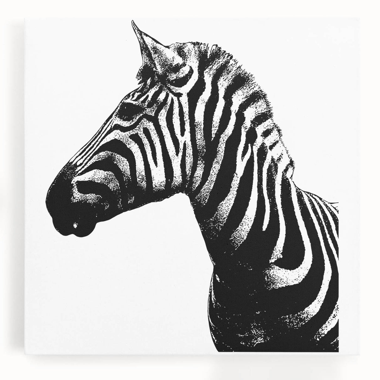 Zebra design wall art on stretched canvas featuring bold black and white stripes, ideal for enhancing modern decor in living spaces or animal-themed rooms.