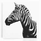 Zebra design wall art on stretched canvas featuring bold black and white stripes, ideal for enhancing modern decor in living spaces or animal-themed rooms.