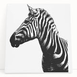 Zebra-themed wall art canvas showcasing a vibrant African wildlife design, featuring bold black and white stripes. Perfect for enhancing modern decor.