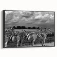 Framed canvas wall art featuring a striking zebra design in black and white, showcasing intricate details and textures, perfect for wildlife enthusiasts' decor.