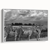 Framed canvas wall art depicting a striking zebra design in a white frame, showcasing bold black and white stripes, perfect for adding a touch of wildlife elegance to home decor.