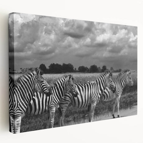 Stretched canvas art showcasing a striking zebra design in a vibrant color palette, ideal for wildlife enthusiasts and modern decor, displayed from a side angle.