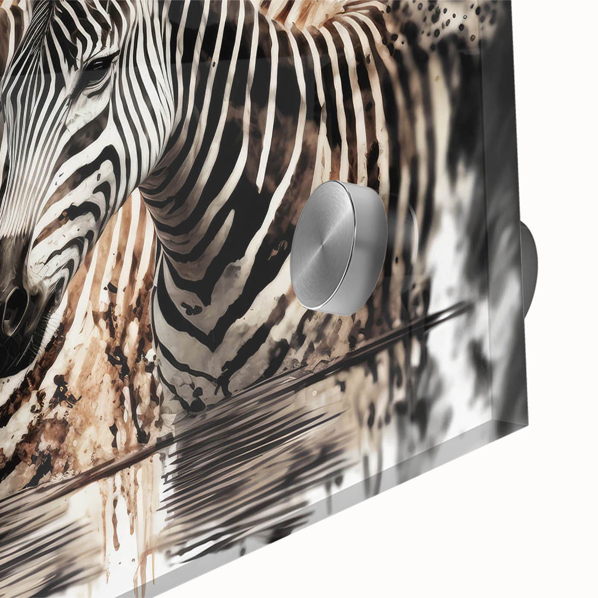 Close-up of a striking zebra design wall art piece, featuring bold black and white stripes on acrylic glass, perfect for modern home decor.