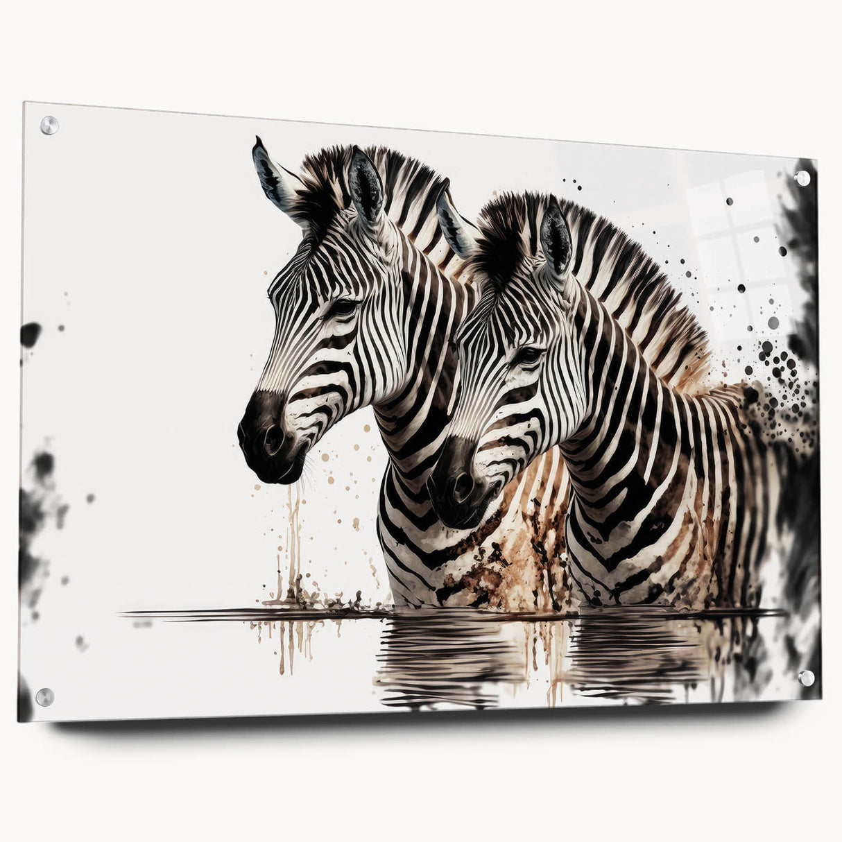 Zebra design wall art collection in acrylic glass, featuring a vibrant side view with intricate details and pins for hanging, perfect for animal lovers.