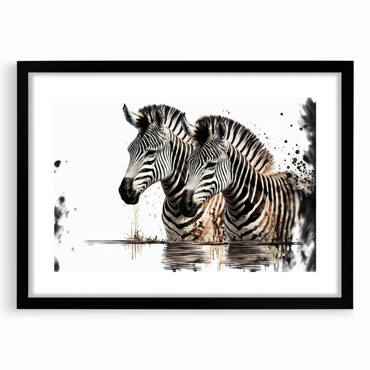 Zebra design wall art in a black frame with a mat, showcasing intricate details and vibrant colors, perfect for wildlife-themed decor. Ideal for adding a touch of nature to any space.
