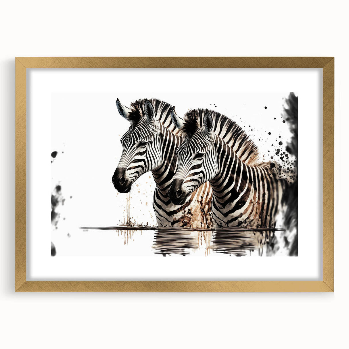 Zebra wall art framed in gold, showcasing a vibrant black and white design, perfect for adding a touch of wildlife elegance to any room. Ideal for animal lovers and home decor enthusiasts.