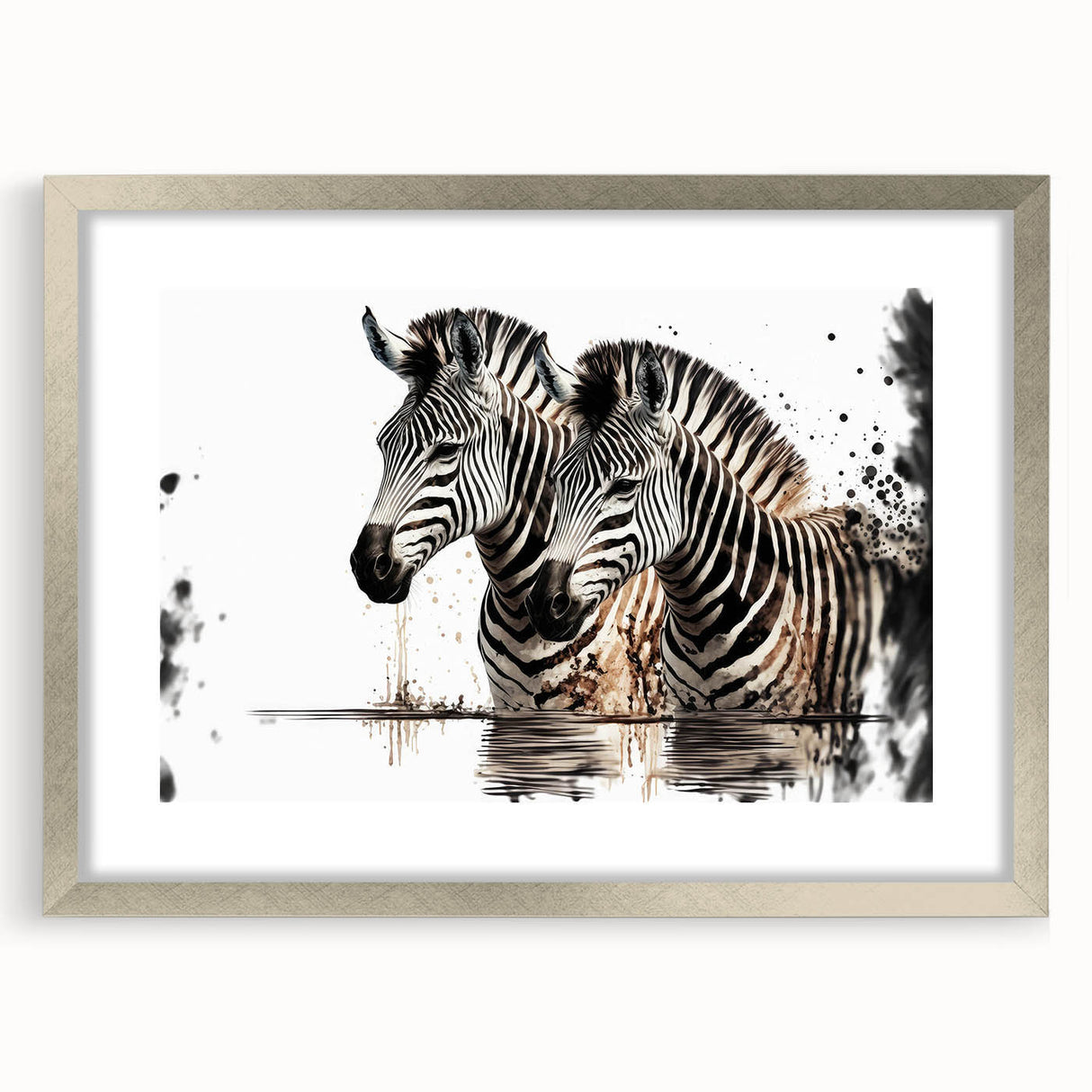 Zebra-themed wall art framed with a silver mat, showcasing a striking black and white design that enhances modern decor, perfect for animal lovers and art collectors.