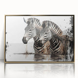 Framed wall art featuring a striking zebra design in a gold-accented frame, showcasing vibrant colors and intricate details, perfect for animal lovers and modern decor.