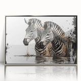 Framed acrylic wall art featuring a striking zebra design on a silver background, showcasing intricate details and vibrant contrasts, ideal for animal-themed decor.