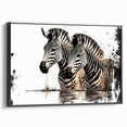 Framed canvas wall art featuring a striking black and white zebra design, showcasing intricate details and textures, perfect for wildlife enthusiasts and modern decor.