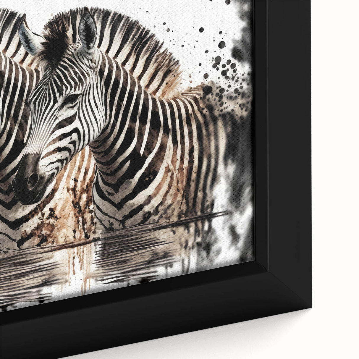 Close-up view of a framed canvas wall art depicting a striking zebra design, showcasing vivid black and white stripes with a textured finish, ideal for enhancing modern decor.