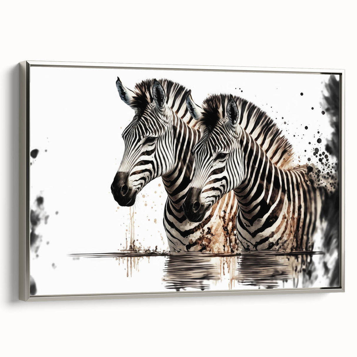 Framed canvas wall art showcasing a striking zebra design from the "Animals: A Wild Life" collection, featuring silver accents and a contemporary aesthetic. Perfect for adding a touch of wildlife elegance to modern interiors.