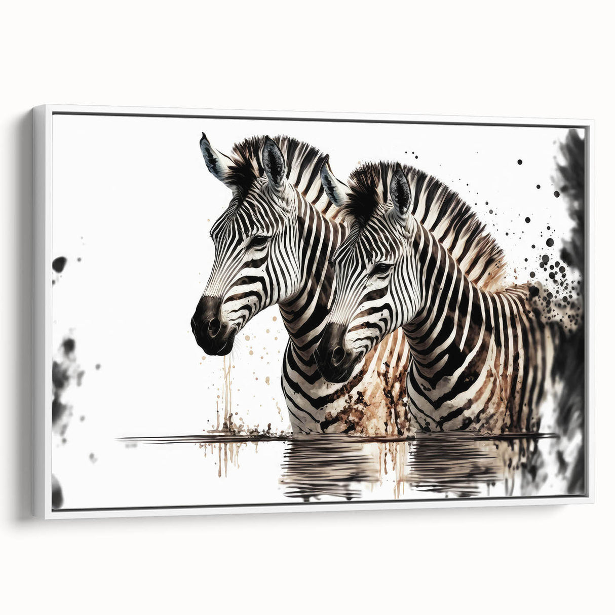Zebra design wall art canvas featuring a striking black and white striped pattern, framed and displayed on a white wall, ideal for modern home decor.