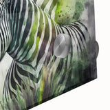 Close-up of a striking zebra design wall art piece, featuring vibrant black and white stripes against a textured acrylic glass surface, perfect for wildlife enthusiasts.
