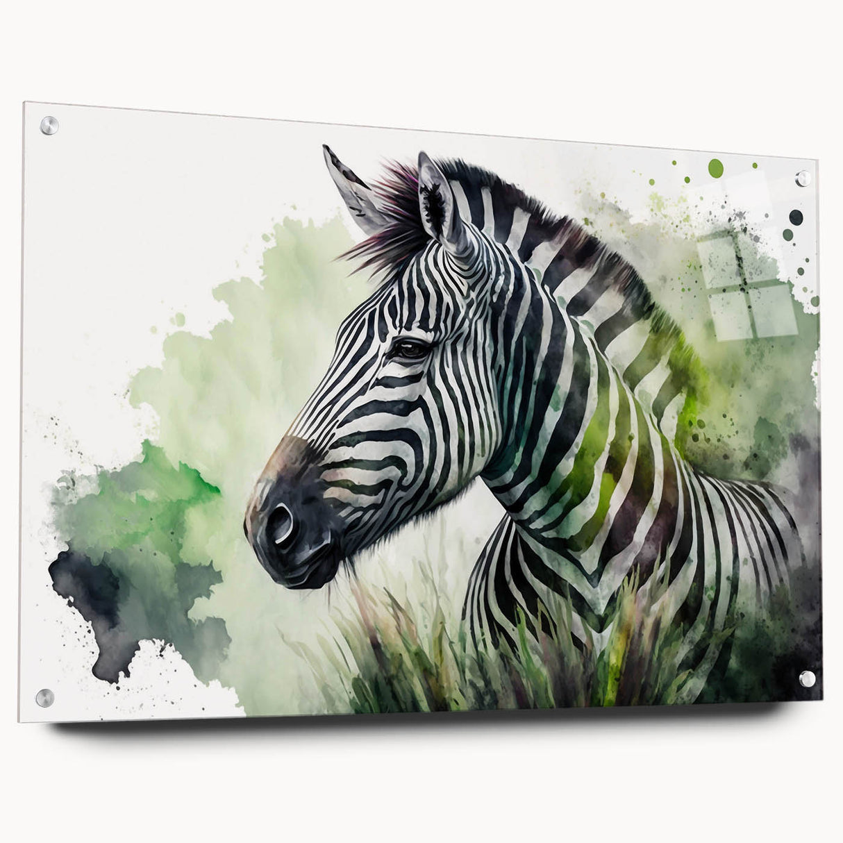 Acrylic wall art piece featuring a vibrant zebra design, showcasing bold black and white stripes, displayed in a side view with decorative pins. Perfect for animal lovers and modern decor enthusiasts.