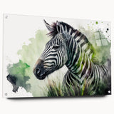 Acrylic wall art piece featuring a vibrant zebra design, showcasing bold black and white stripes, displayed in a side view with decorative pins. Perfect for animal lovers and modern decor enthusiasts.