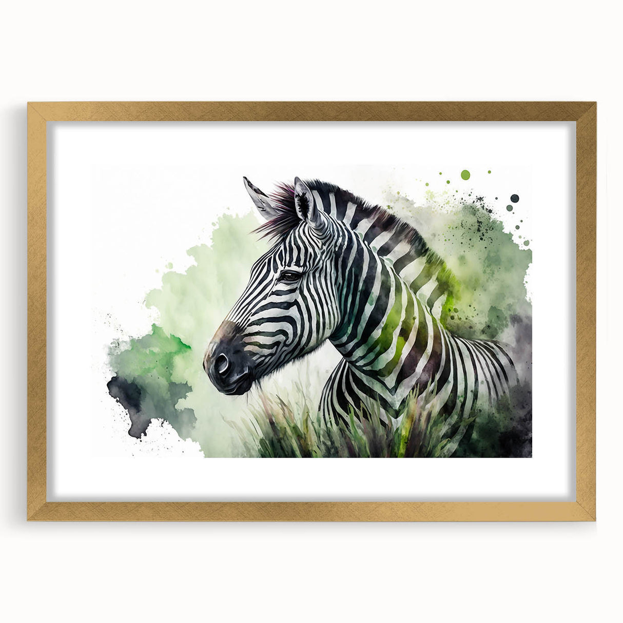 Zebra design wall art framed in gold, featuring intricate black and white stripes, perfect for adding a touch of wildlife elegance to home decor. Ideal for animal lovers.