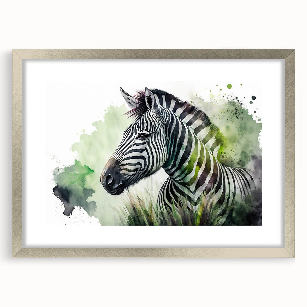 Framed wall art featuring a striking zebra design in black and white, presented in a sleek silver frame with a mat, ideal for wildlife enthusiasts and modern decor.