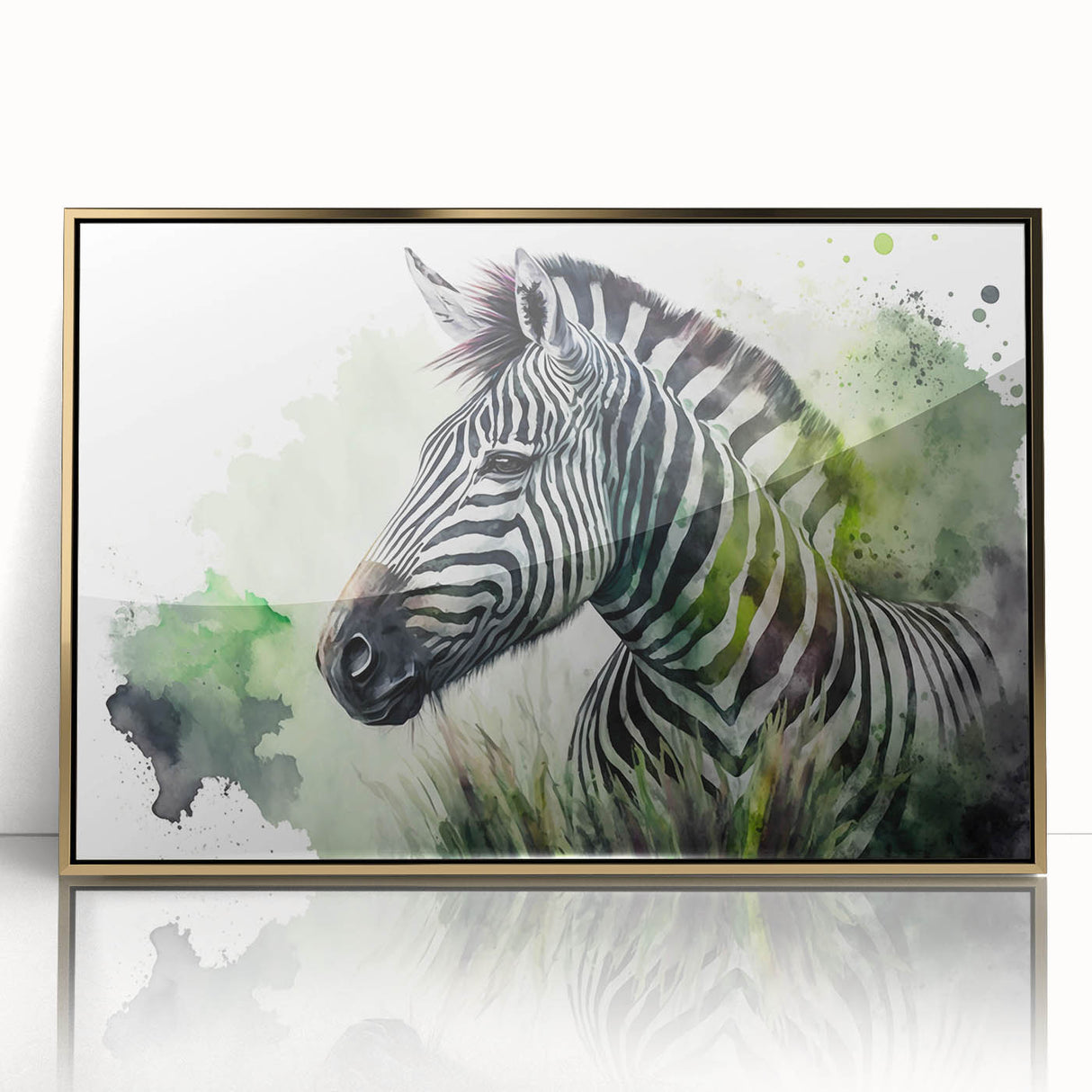 Framed wall art showcasing a striking zebra design, featuring bold black and white stripes, set against a gold-accented background, perfect for modern decor.