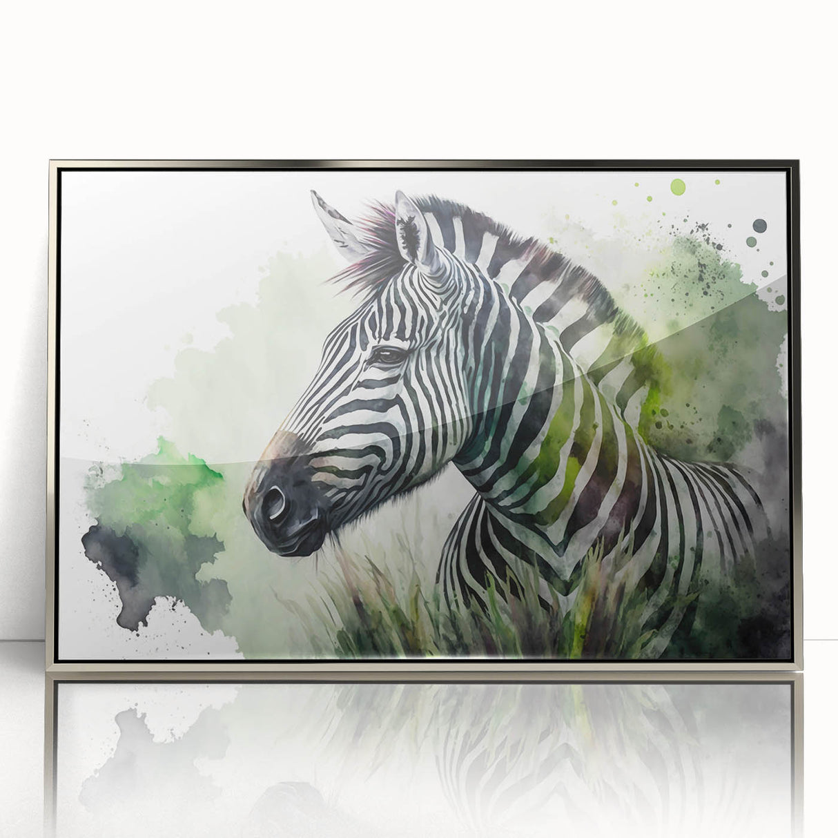 Framed acrylic wall art featuring a striking zebra design in silver tones, showcasing intricate details and textures, ideal for modern home decor and wildlife enthusiasts.