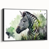 Framed canvas wall art showcasing a striking zebra design with black and white stripes, perfect for adding a touch of wildlife elegance to any room decor.