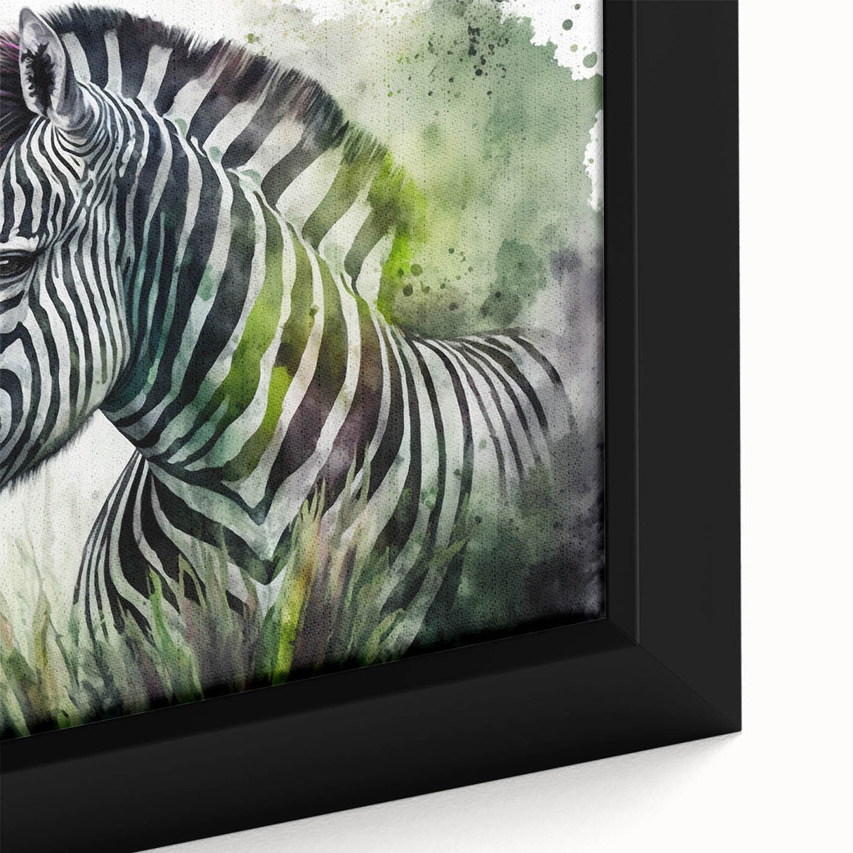 Close-up of a framed canvas artwork showcasing a vibrant zebra design, highlighting intricate details and bold black-and-white stripes, perfect for wildlife decor.