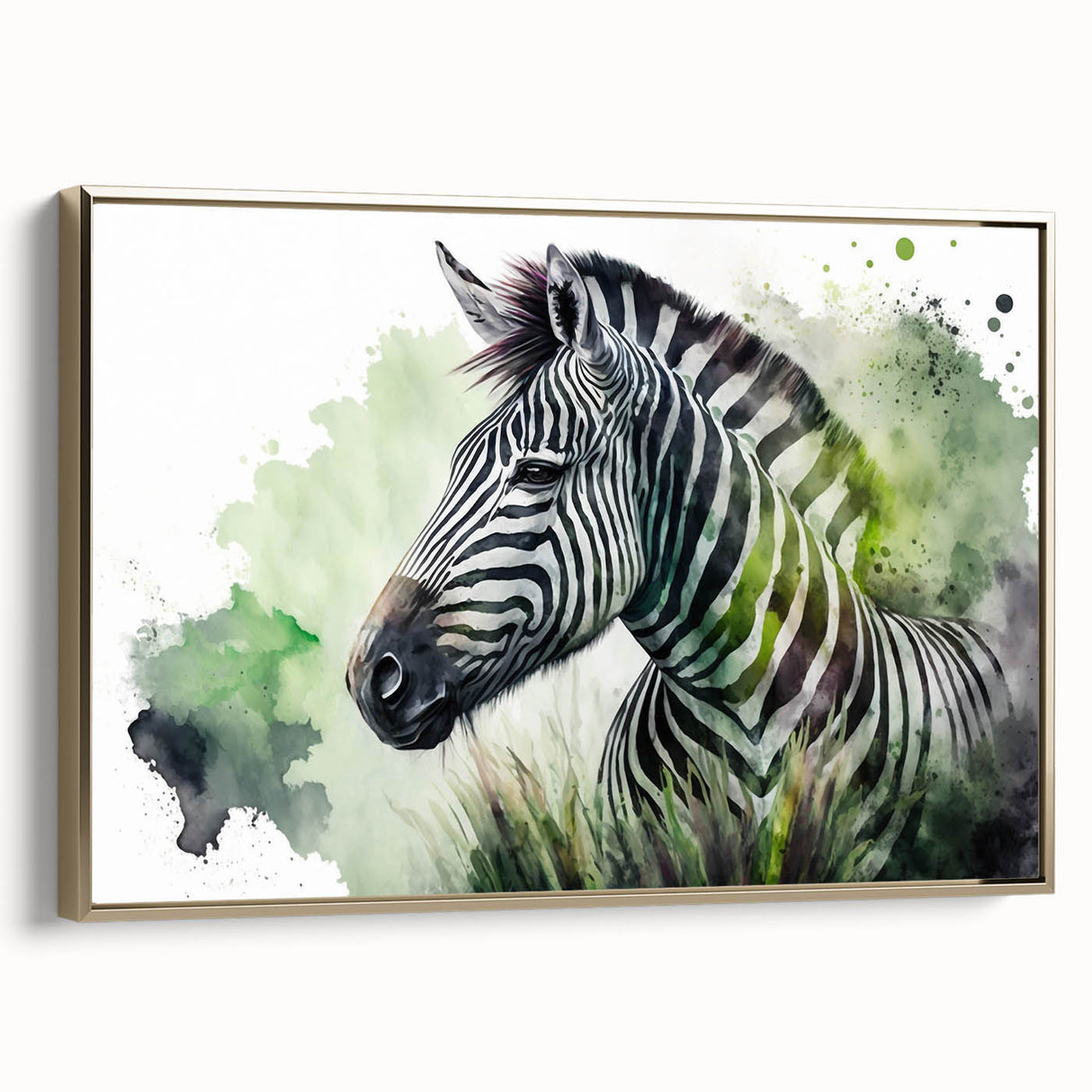 Framed canvas wall art showcasing a striking zebra design, featuring bold black and white stripes with a gold border, perfect for modern wildlife decor.