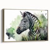 Framed canvas wall art showcasing a striking zebra design, featuring bold black and white stripes with a gold border, perfect for modern wildlife decor.