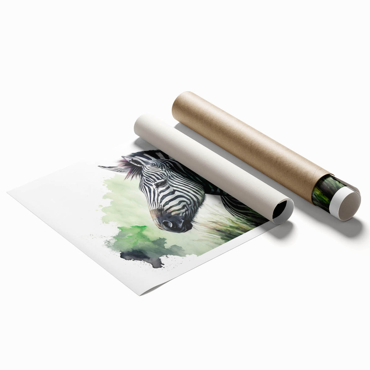 Zebra-themed wall art design showcasing a vivid black and white striped pattern on a rolled print, perfect for adding a touch of wildlife decor to any space.