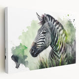Stretched canvas wall art showcasing a striking zebra design, featuring bold black and white stripes against a textured background, perfect for wildlife enthusiasts.