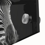 Close-up of a striking zebra design wall art piece, showcasing vibrant black and white stripes on acrylic glass, perfect for modern animal-themed decor. Ideal for enhancing living spaces or galleries with a touch of wildlife elegance.