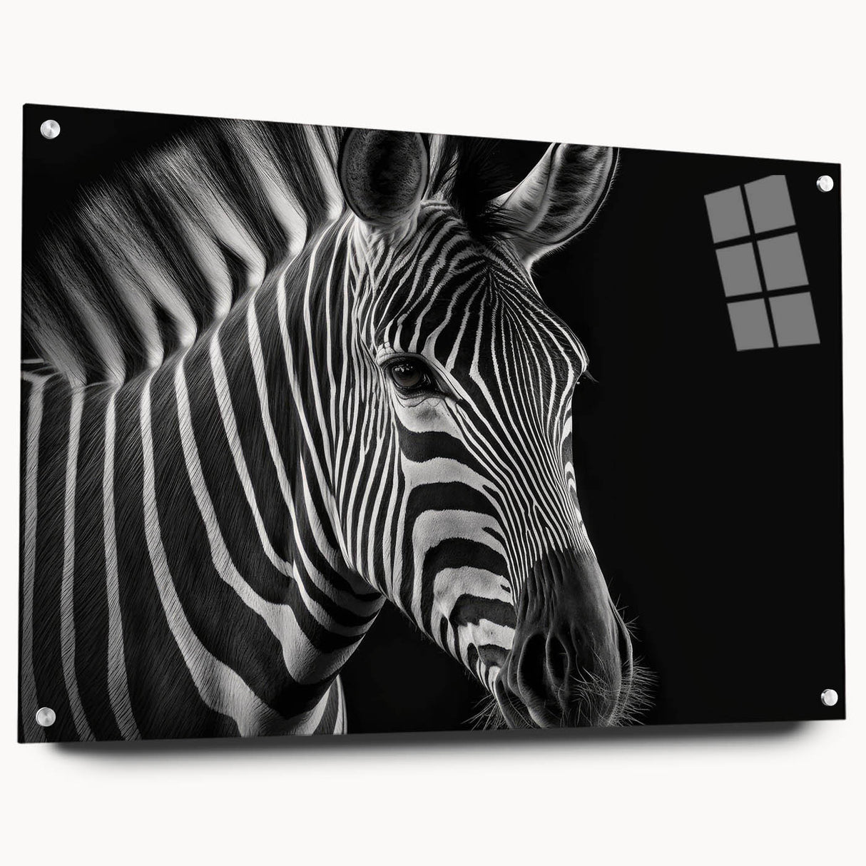 Side view of a zebra-themed acrylic wall art piece from the "Animals - A Wild Life" collection, showcasing vibrant colors and detailed design, perfect for animal lovers' decor.
