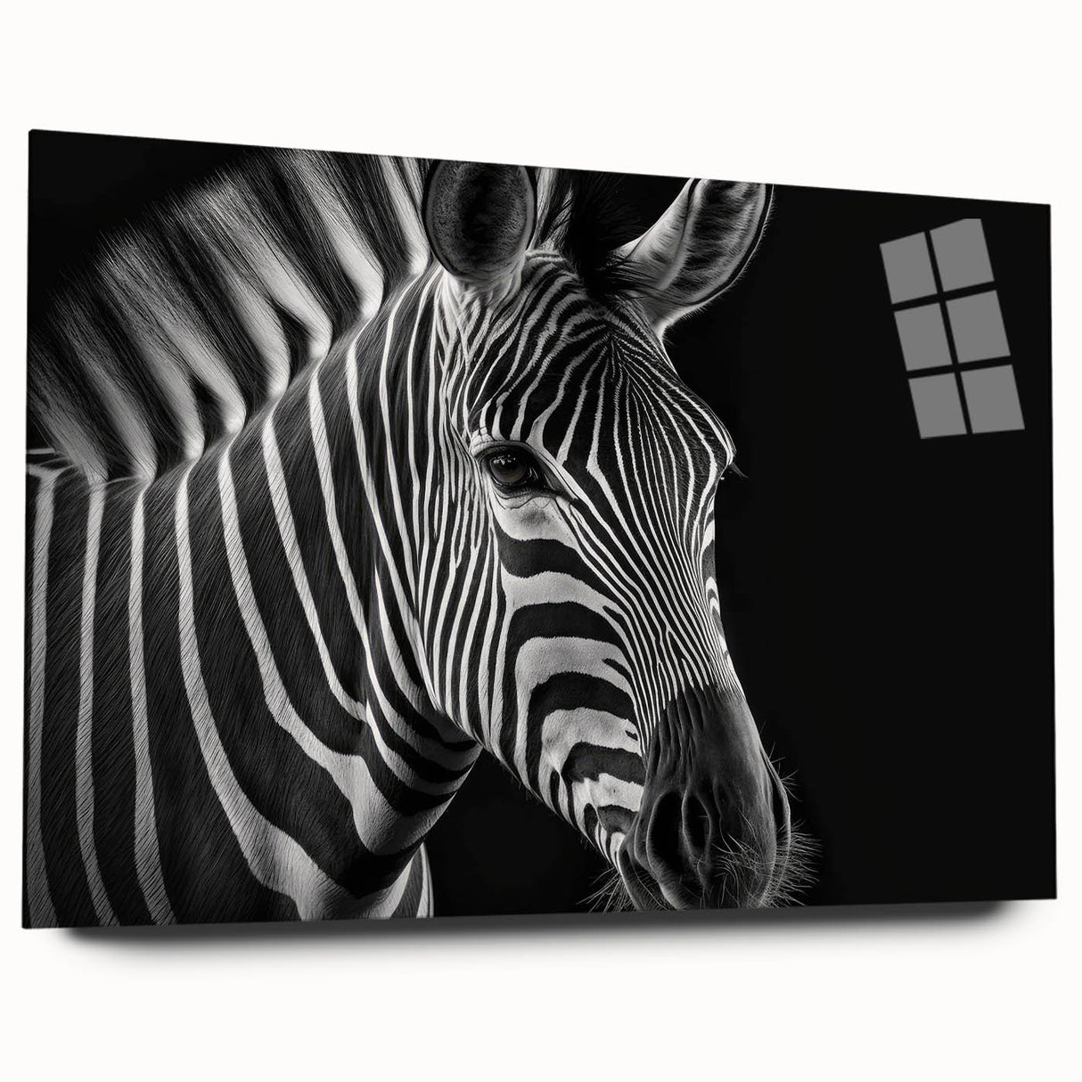 Side view of a stunning zebra design wall art piece made from acrylic glass, showcasing intricate patterns and vibrant colors, ideal for enhancing modern decor.