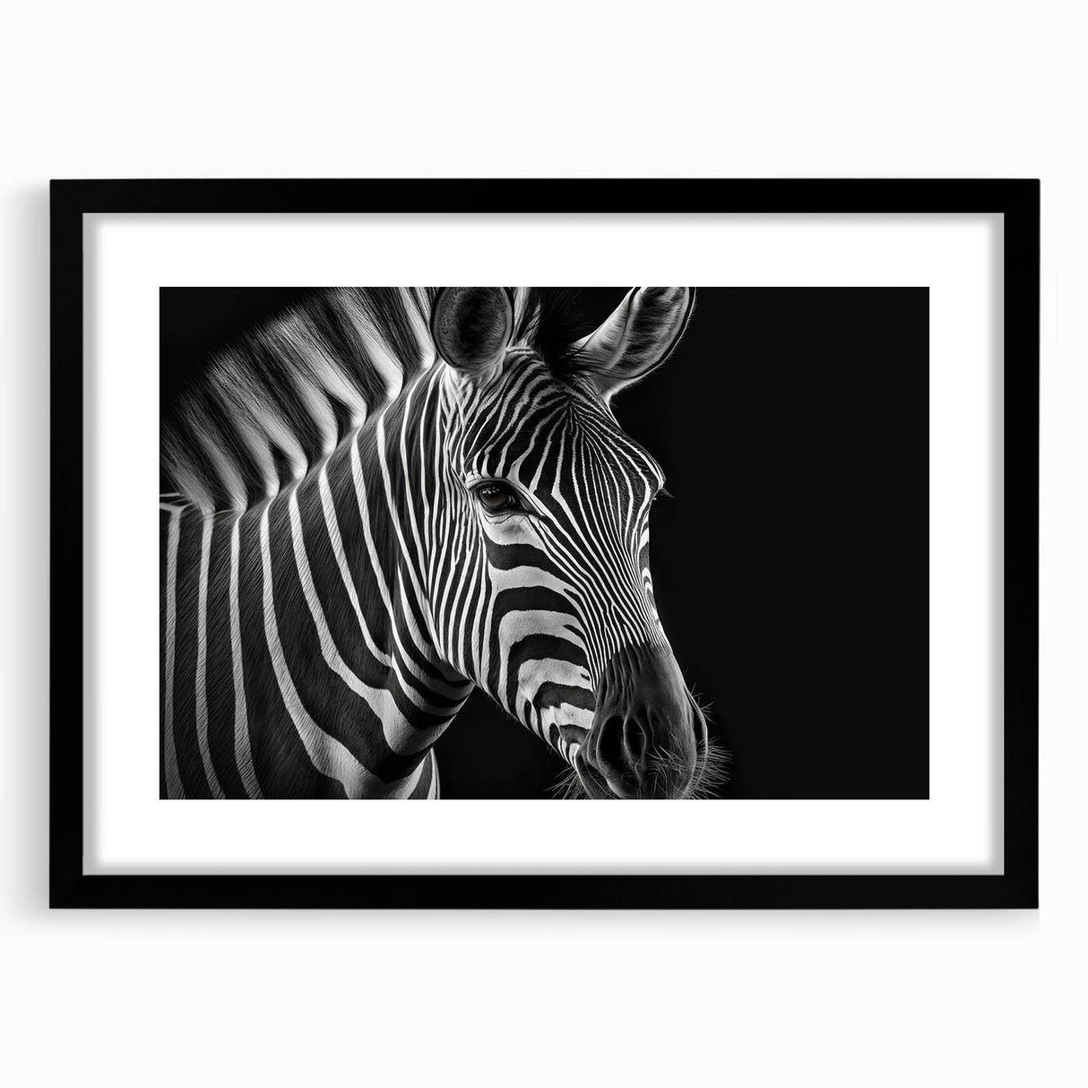 Zebra-themed wall art design framed in elegant black, showcasing a striking monochrome pattern perfect for modern home decor. Ideal for animal lovers and art enthusiasts.