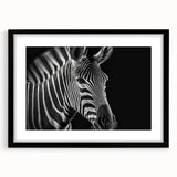 Zebra-themed wall art design framed in elegant black, showcasing a striking monochrome pattern perfect for modern home decor. Ideal for animal lovers and art enthusiasts.
