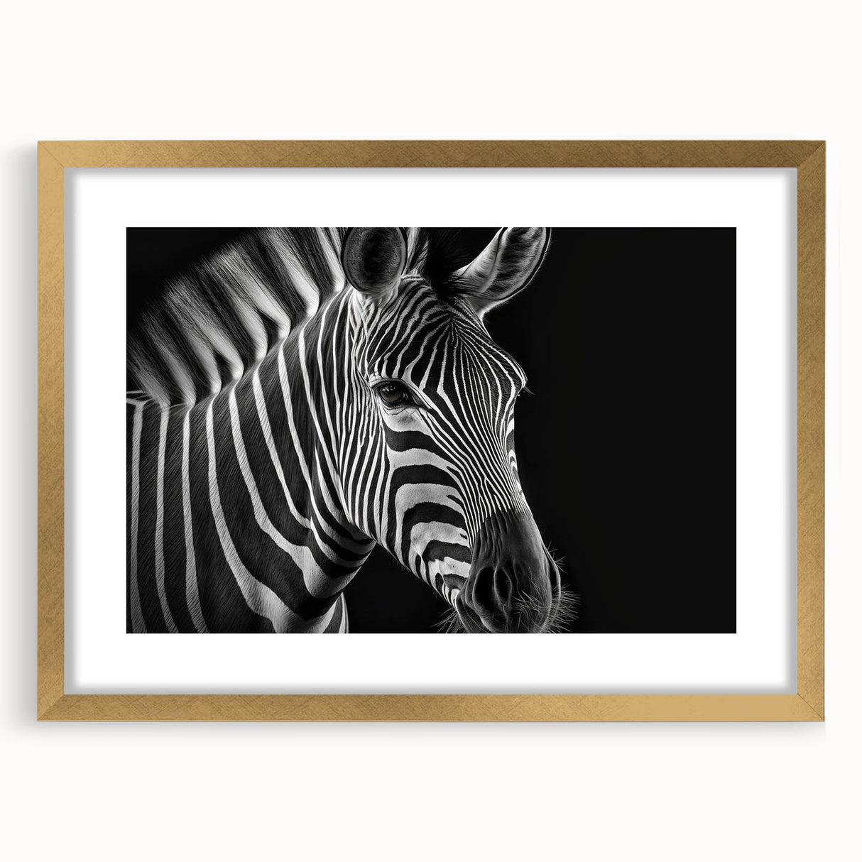 Framed wall art featuring a striking zebra design in gold, showcasing intricate details and vibrant colors, perfect for enhancing modern decor in living spaces.