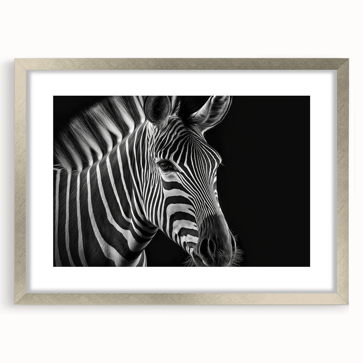 Framed wall art featuring a striking zebra design, set in a stylish silver frame with a mat, perfect for enhancing contemporary home decor. Ideal for animal lovers and art enthusiasts.