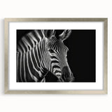 Framed wall art featuring a striking zebra design, set in a stylish silver frame with a mat, perfect for enhancing contemporary home decor. Ideal for animal lovers and art enthusiasts.