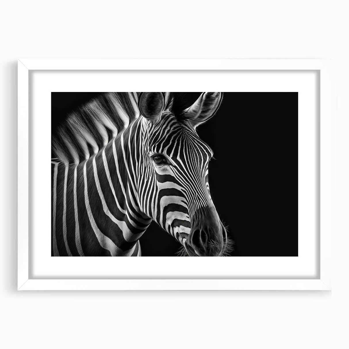 Framed wall art showcasing an artistic zebra design in black and white, complete with a white mat and sleek frame, ideal for modern home decor. Perfect for animal lovers and wildlife enthusiasts, this striking piece adds a touch of elegance to any interior space.