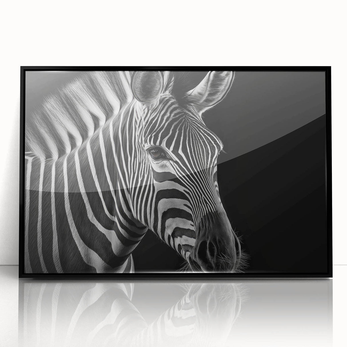 Framed acrylic wall art featuring a striking zebra design in black and white, ideal for wildlife enthusiasts seeking modern decor. Perfect for adding a touch of nature-inspired elegance to any room.