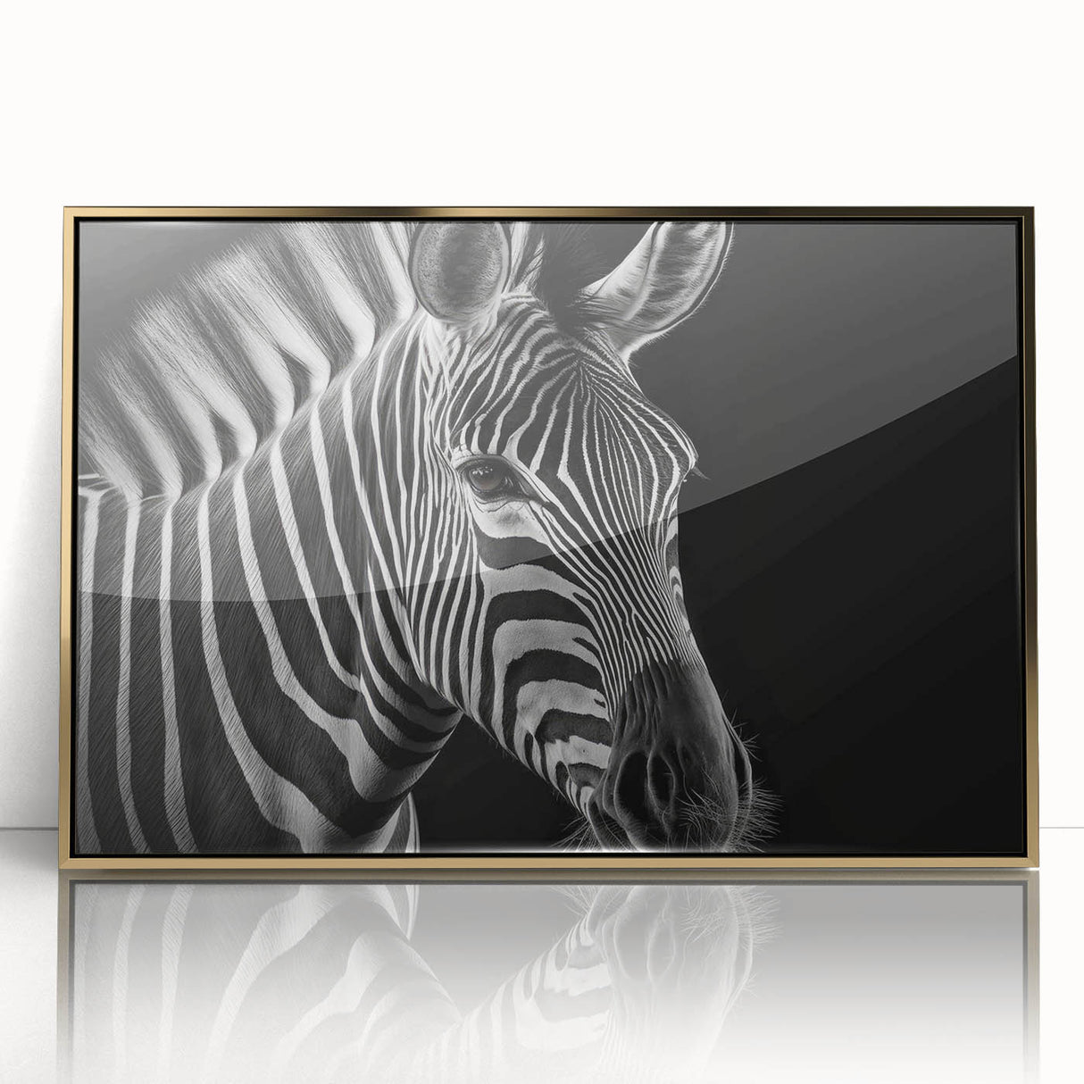Framed wall art showcasing a striking zebra design, featuring a gold-accented border and acrylic front. Perfect for adding a touch of wildlife elegance to any decor.