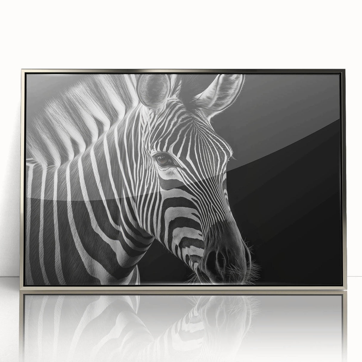 Framed acrylic wall art featuring a striking zebra design in silver tones, ideal for modern decor, showcasing vibrant colors and intricate details.