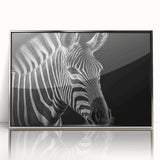 Framed acrylic wall art featuring a striking zebra design in silver tones, ideal for modern decor, showcasing vibrant colors and intricate details.