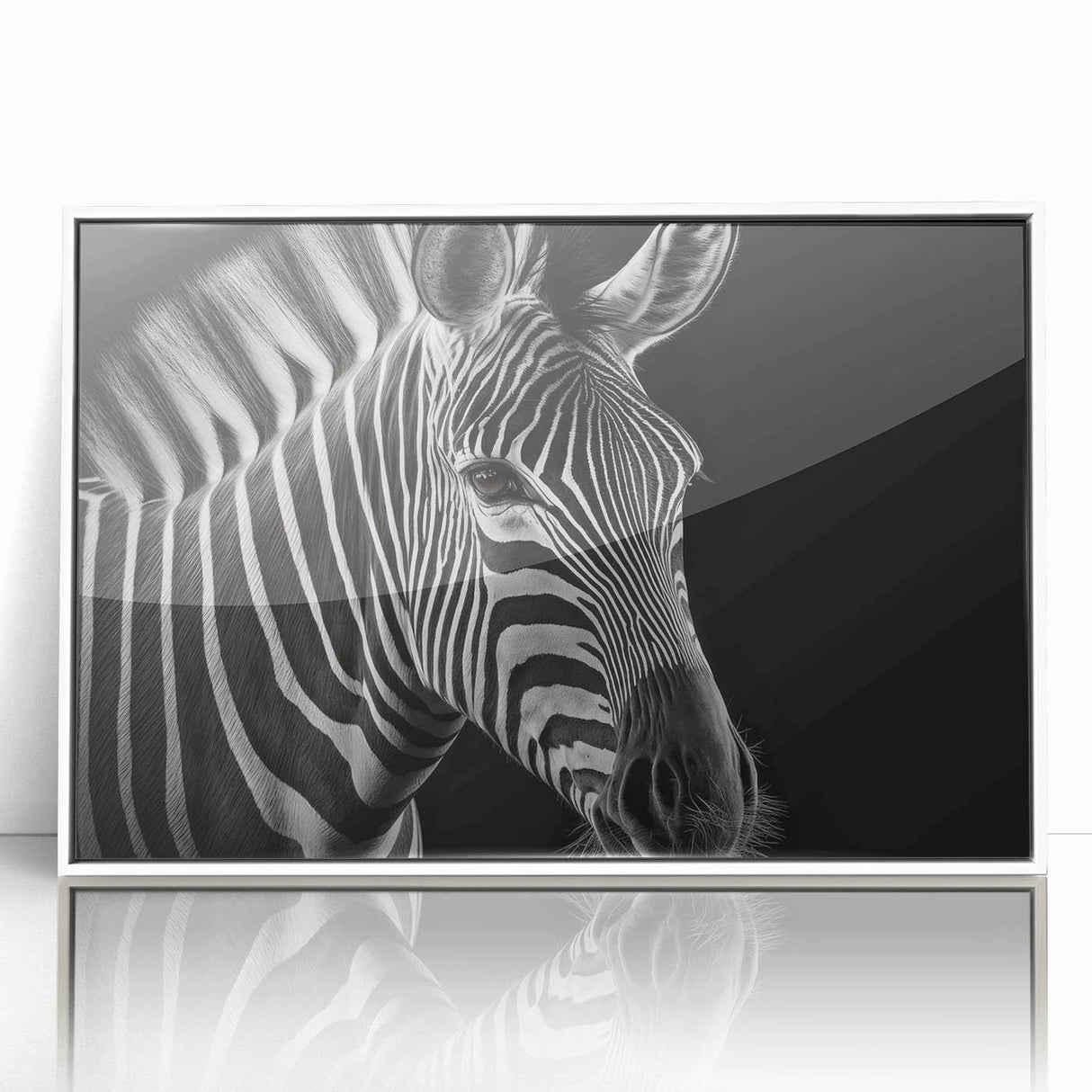 Framed acrylic wall art featuring a striking zebra design, showcasing black and white stripes against a clean white background, ideal for modern home decor.