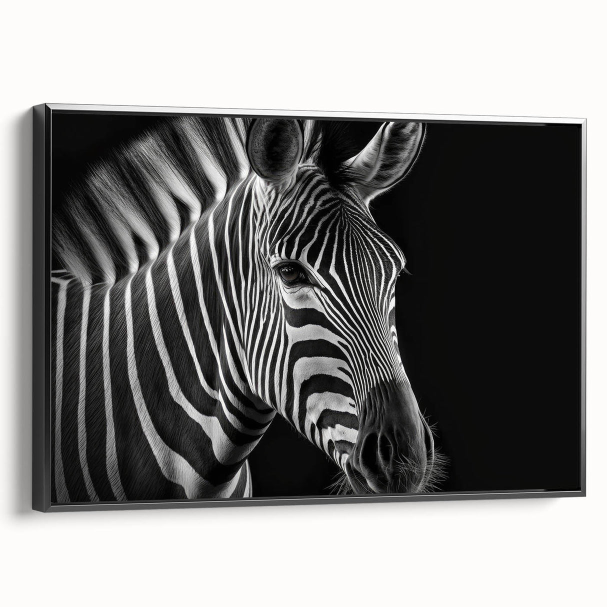 Framed canvas wall art featuring a striking black and white zebra design, showcasing intricate details and textures, perfect for wildlife enthusiasts and modern decor.