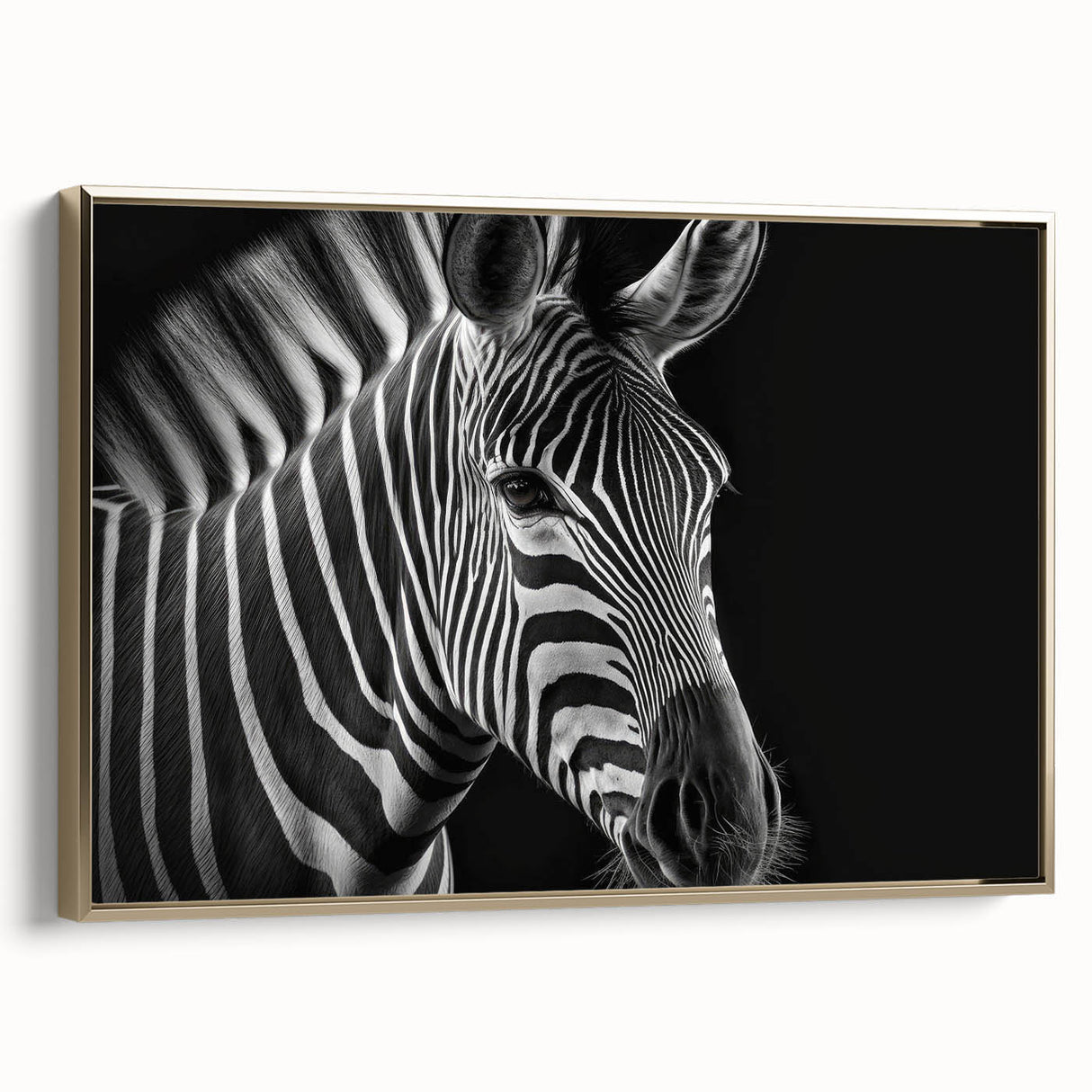 Framed wall art featuring a striking zebra design in black and white, set against a gold background. Perfect for animal lovers and modern decor enthusiasts looking to enhance their living space.