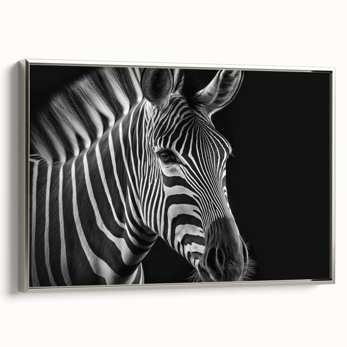 Framed canvas wall art featuring a striking zebra design in black and white, showcasing intricate details and textures, perfect for modern home decor.