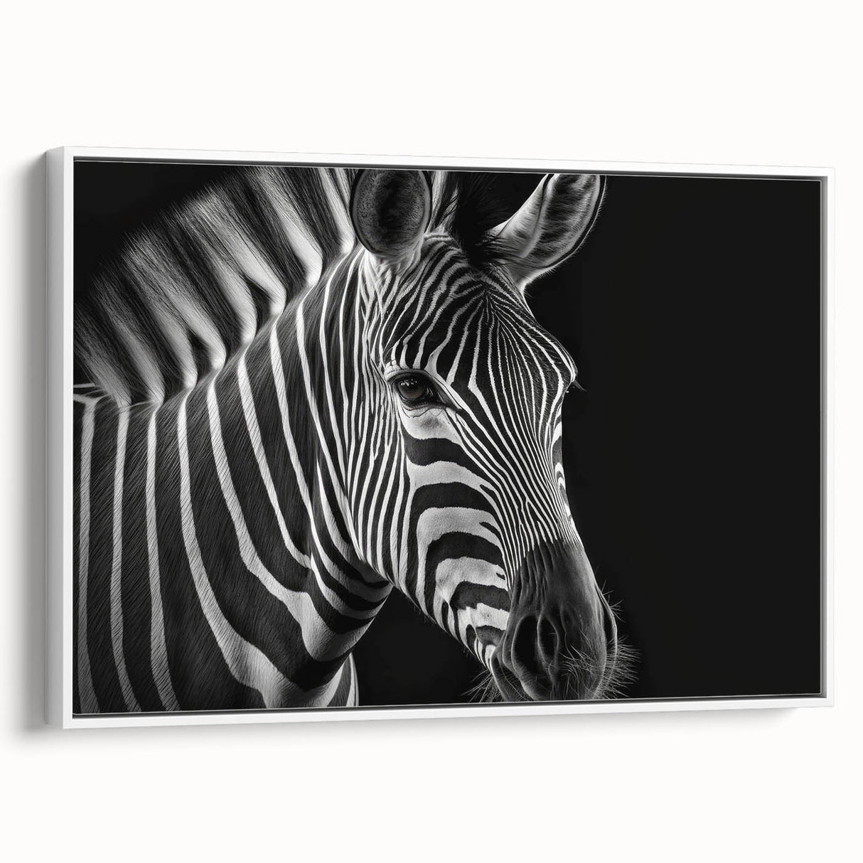 Framed canvas wall art featuring a striking zebra design in black and white, set against a minimalist backdrop, ideal for modern home decor. Perfect for animal lovers and safari enthusiasts seeking unique wildlife art.