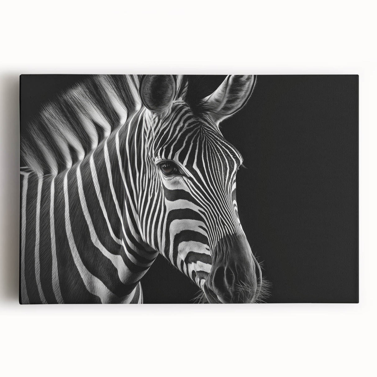 Front view of a stretched canvas wall art featuring a striking zebra design, showcasing bold black and white stripes, ideal for adding a dynamic touch to home decor.